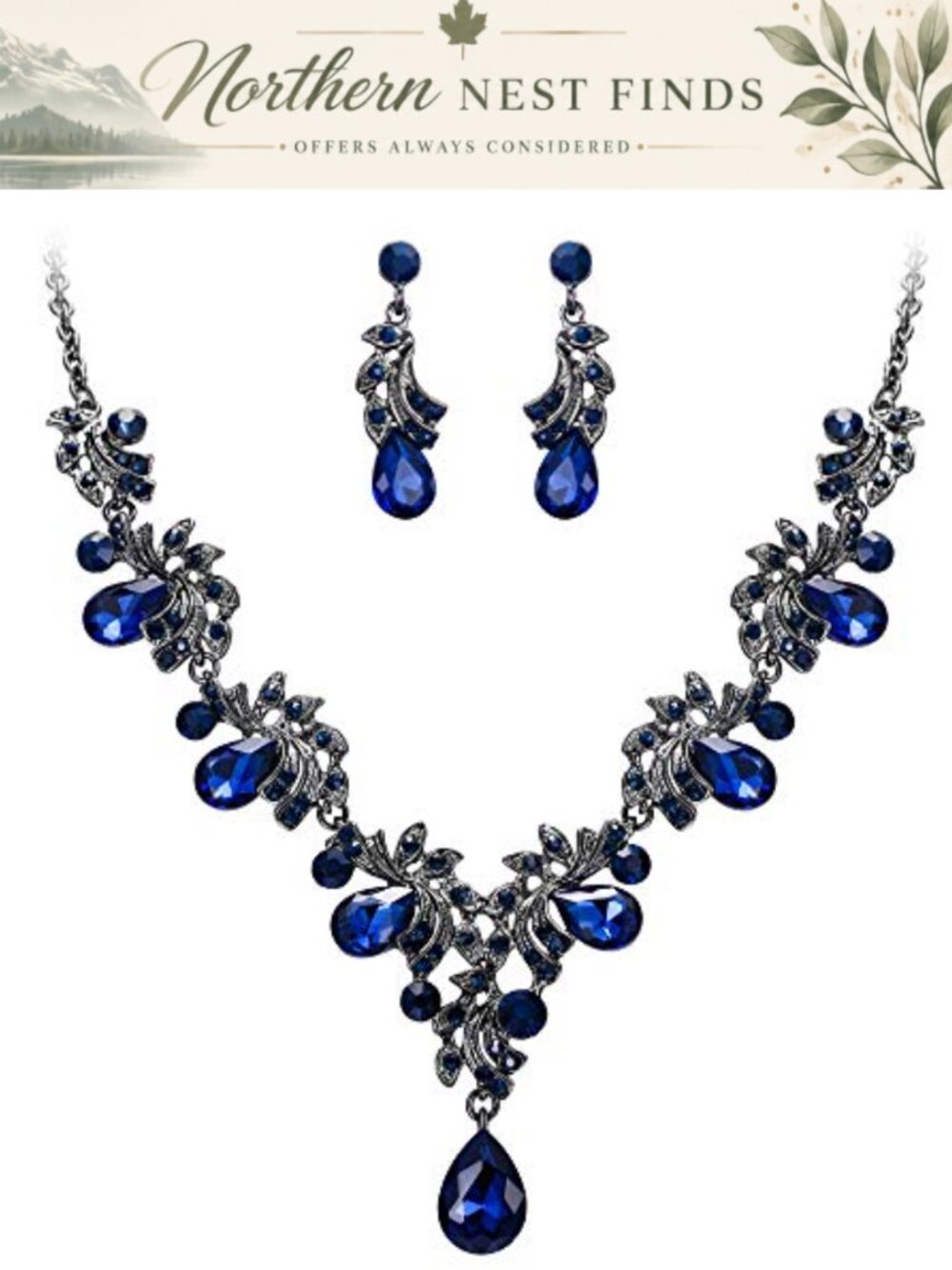 Crystal Teardrop Filigree Leaf Necklace Dangle Earrings Jewelry Set